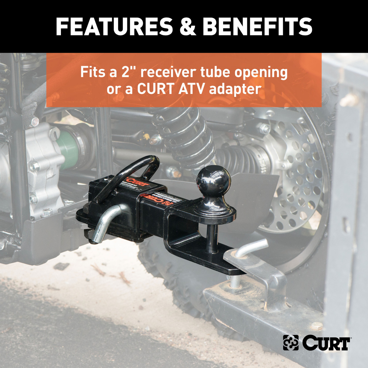 CURT 45038 3-in-1 UTV, ATV Trailer Hitch Mount with 2-Inch Receiver Adapter, 2-Inch Ball, Clevis Pin, 5/8-Inch Hole
