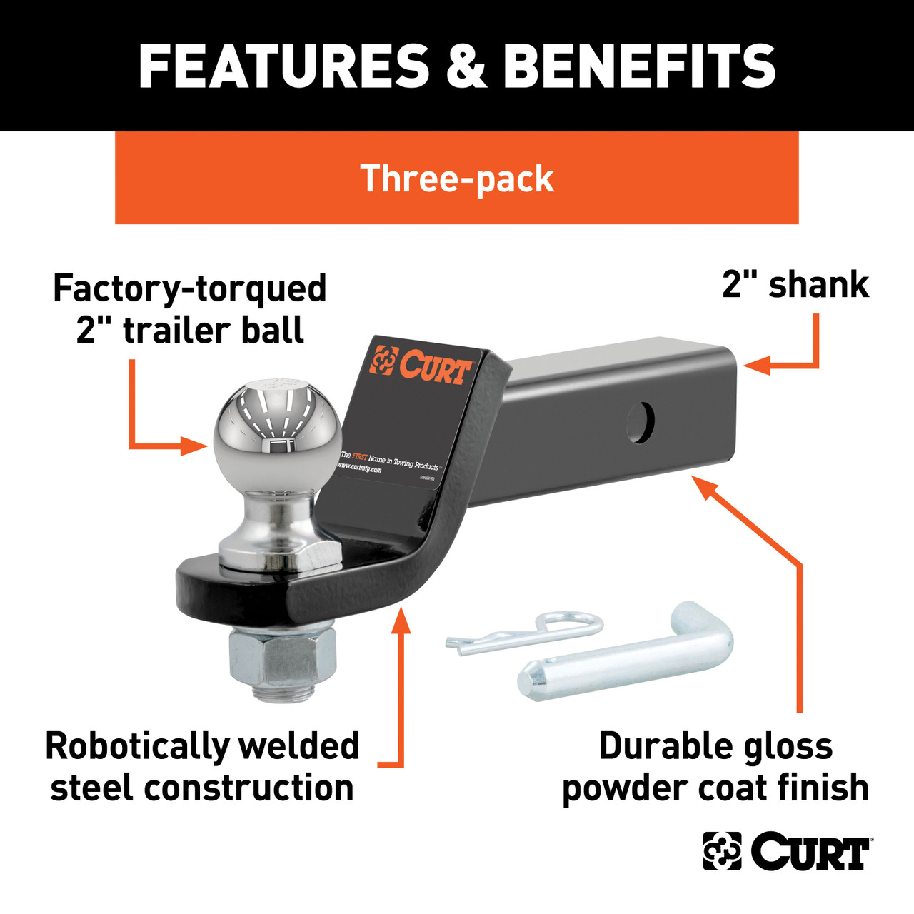 CURT 45037 Trailer Hitch Mounts with 2-Inch Ball & Pin, Fits 2-In Receiver, 7,500 lbss, 2" Drop, 3-Pack