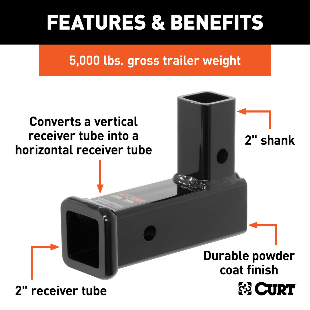 CURT 45013 Vertical Receiver Trailer Hitch Adapter, 2-Inch, 5,000 lbs, 2-7/16-In Rise