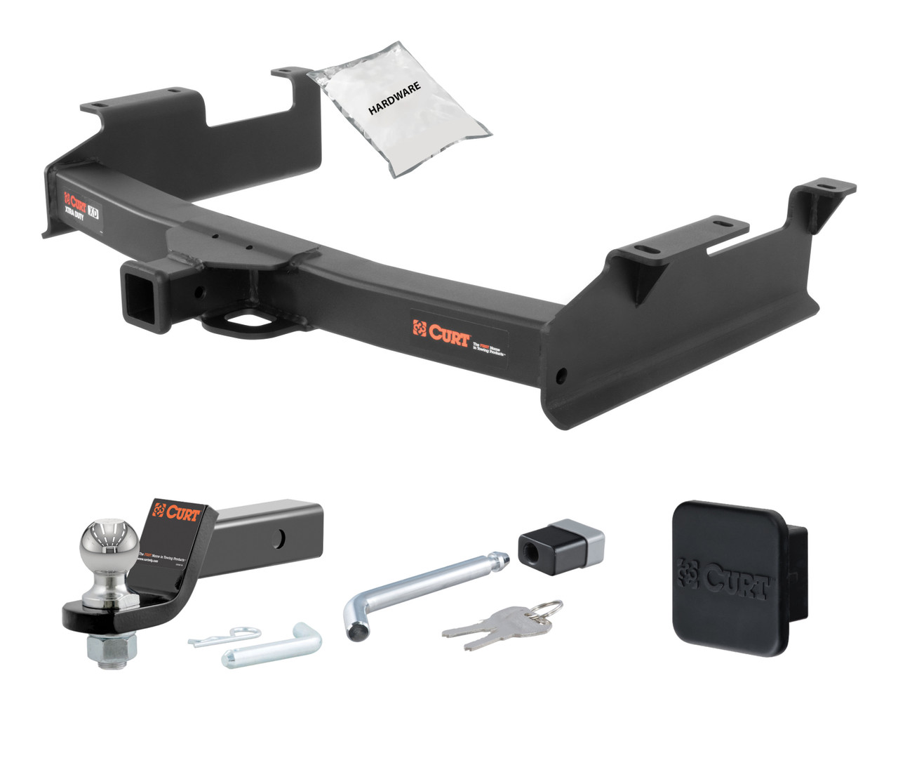 01 - 10 Chevrolet Silverado 2500 HD 8' bed, factory replacement hitch 2in. CURT Trailer Hitch + Ball Mount + Cover + Lock Kit HWA496