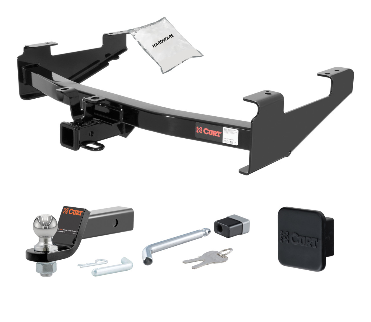 01 - 10 Chevrolet Silverado 2500 HD 8' bed, excluding factory receiver, Tommy Gate lift or cab & chassis 2in. CURT Trailer Hitch + Ball Mount + Cover + Lock Kit HWA489