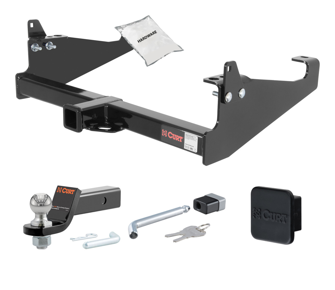 99 - 20 Ford F-350 Super Duty Cab & chassis with 34" frame width (O.D.) 2in. CURT Trailer Hitch + Ball Mount + Cover + Lock Kit HWA909