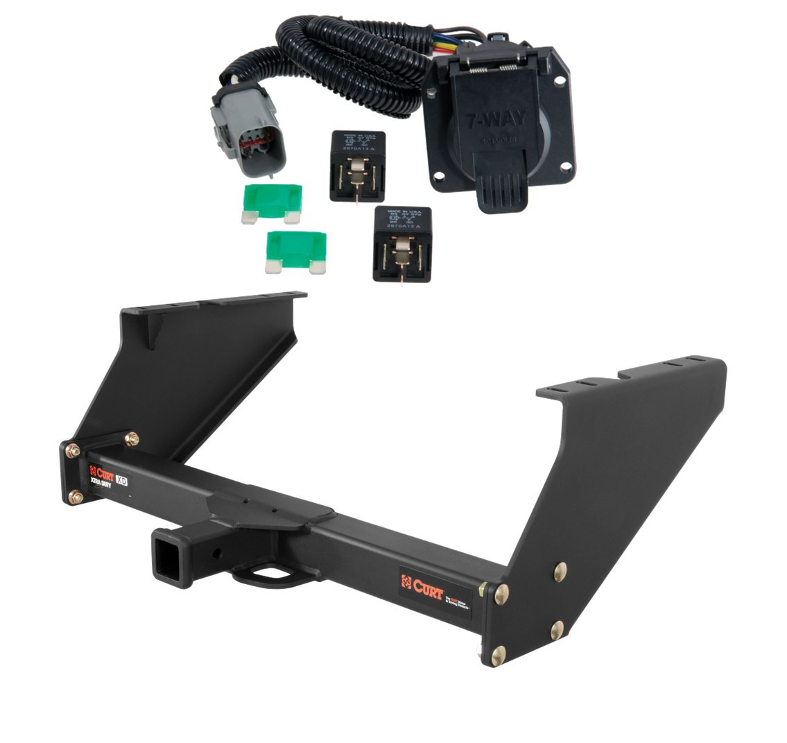 1999 - 2003 Ford F-250 Super Duty With 16" spare tire and 10" drop bumper Curt 2", Class 5 Trailer Tow Hitch + 7-way Wiring Kit 15316