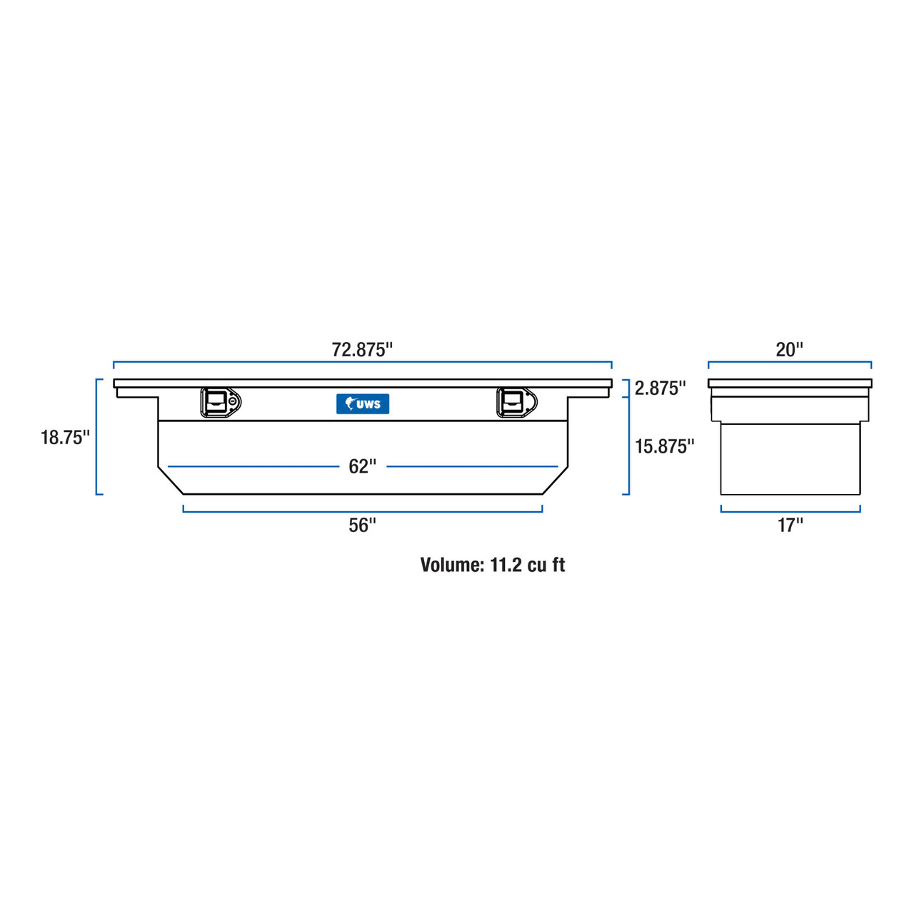 UWS Bright Aluminum 72" Deep Angled Crossover Truck Tool Box with Low Profile TBSD-72-A-LP