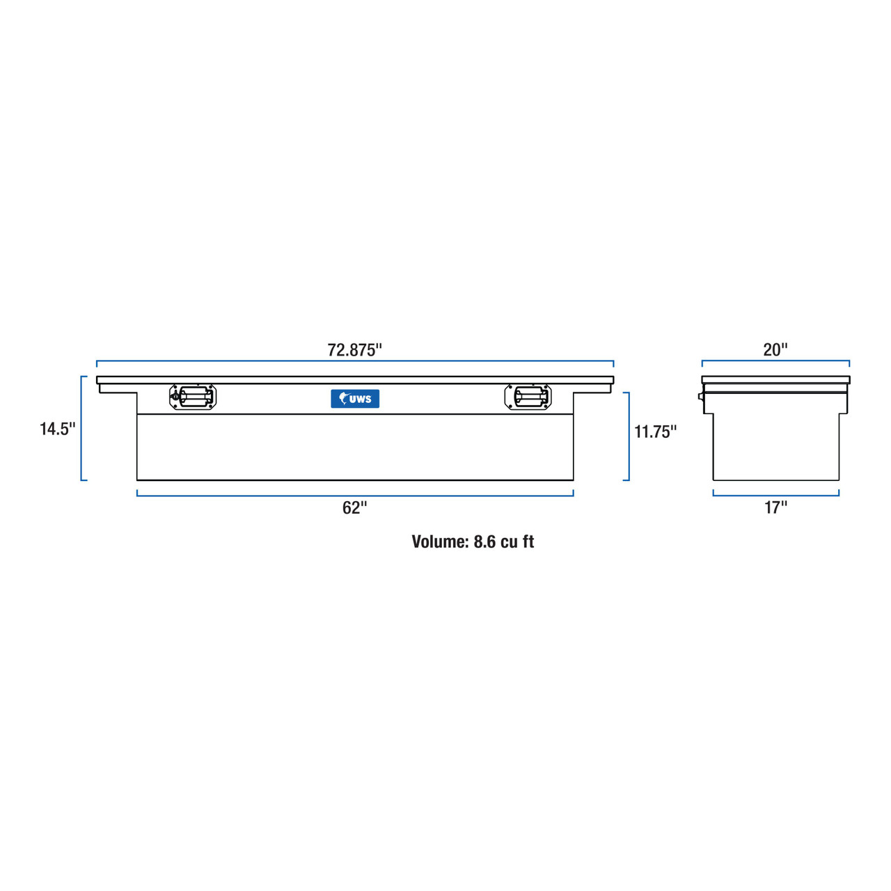 UWS Gloss Black 72" Truck Tool Box, Low Profile, Pull Handles TBS-72-LP-PH-B