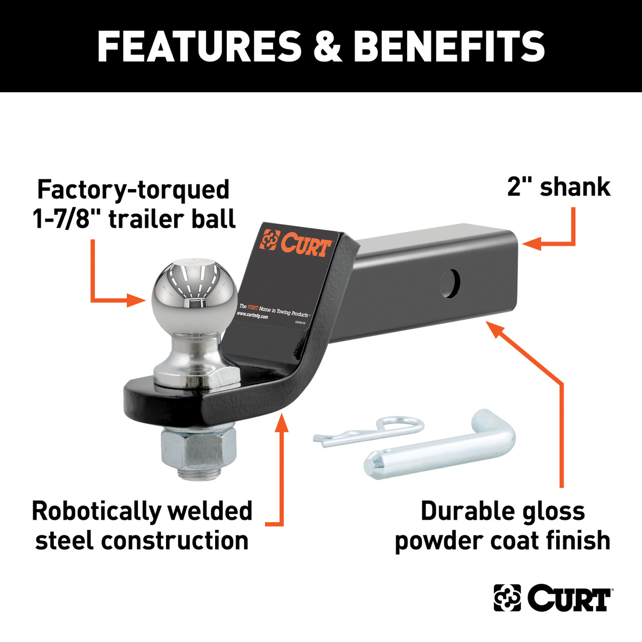 CURT Loaded Ball Mount with 1-7/8" Ball (2" Shank, 3,500 lbss., 2" Drop) Trailer Hitch Ball Mount
