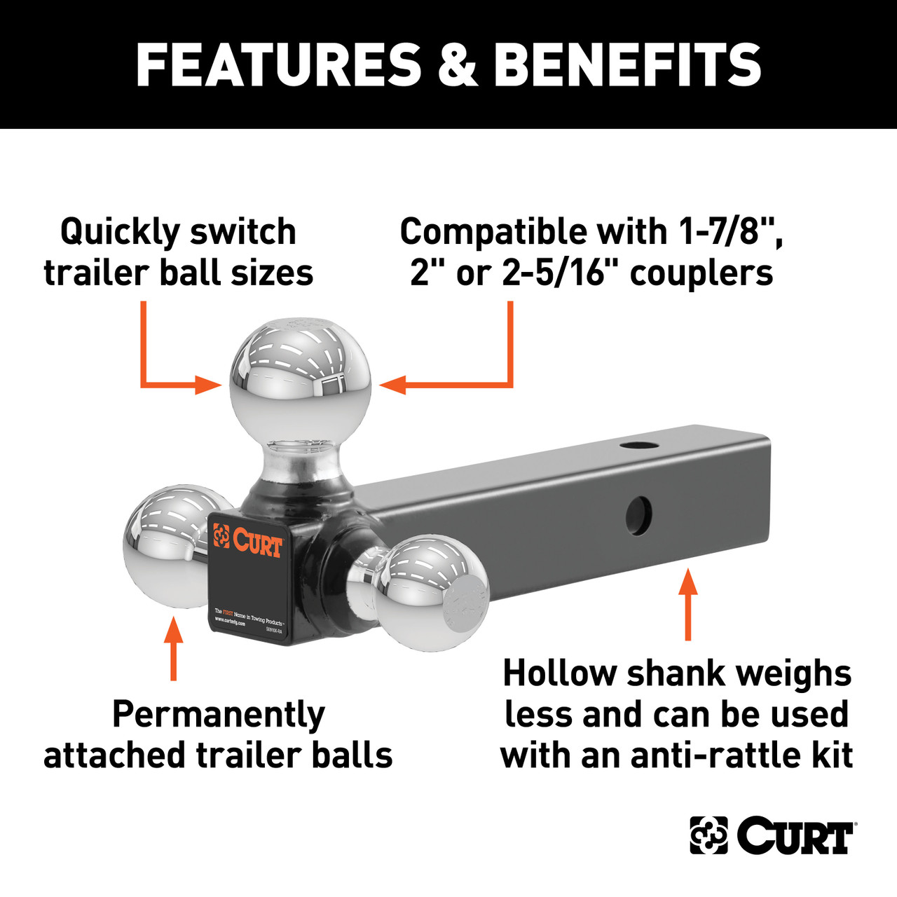 CURT Multi-Ball Mount (2" Hollow Shank, 1-7/8", 2" & 2-5/16" Chrome Balls) Trailer Hitch Ball Mount