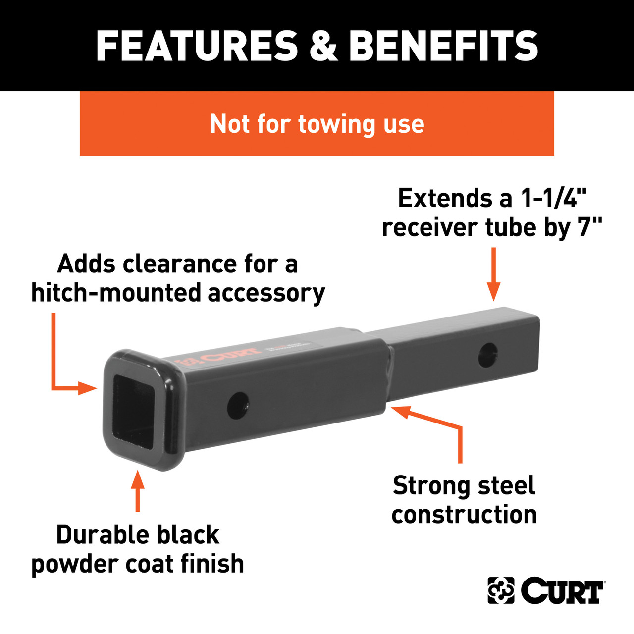 CURT 7" Receiver Tube Extender (1-1/4" Shank, Not for Towing Use) Trailer Hitch