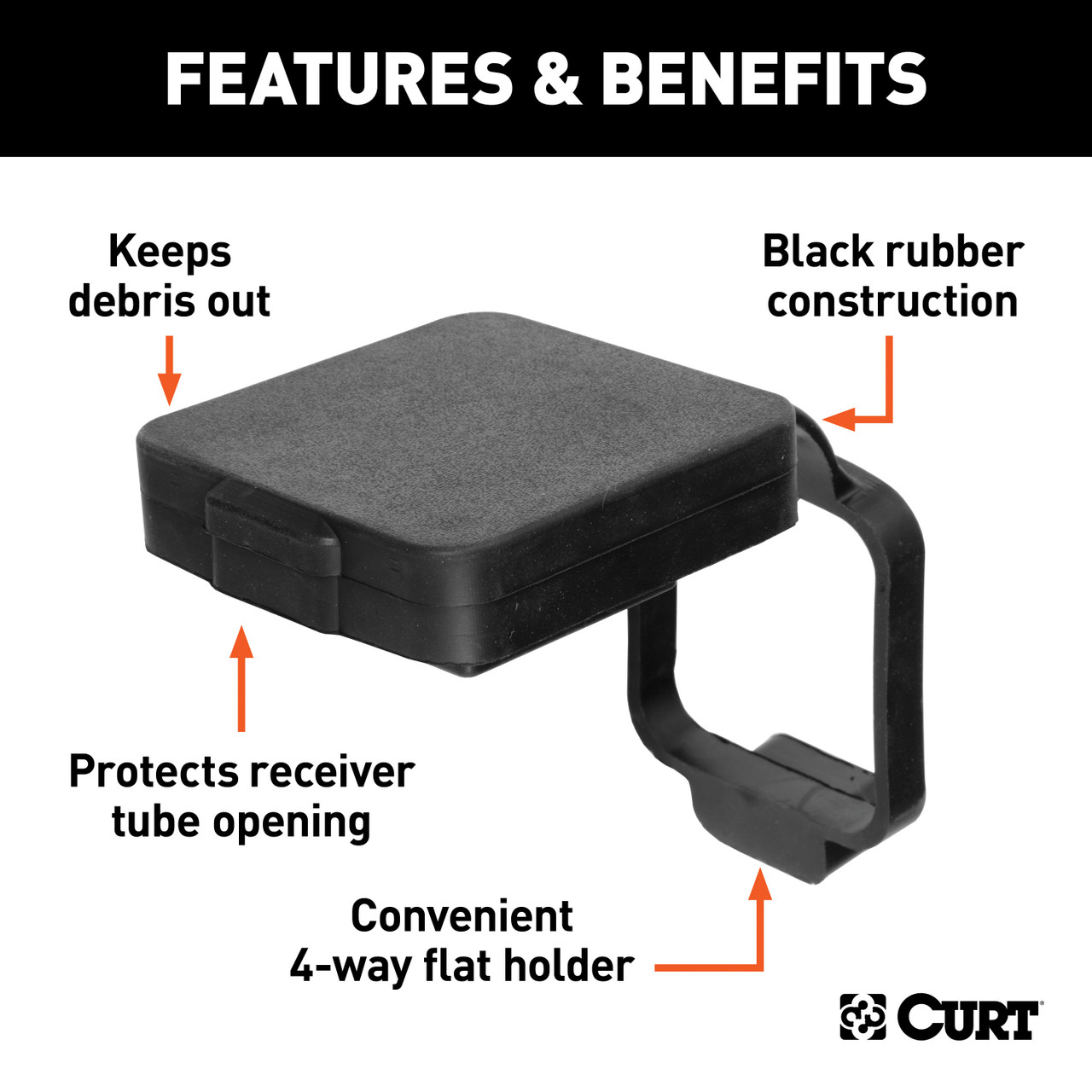 CURT 2" Rubber Hitch Tube Cover with 4-Way Flat Holder (Packaged) Trailer Hitch Cover