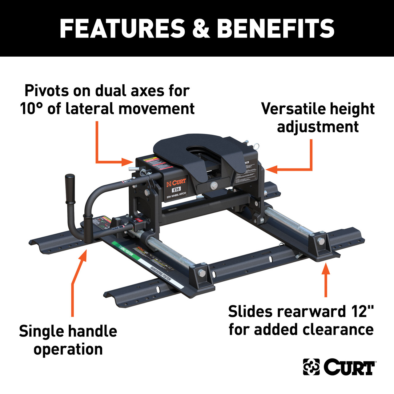 CURT 16K, E16 Sliding 5th Wheel Hitch with Rails, 16,000 lbs. 