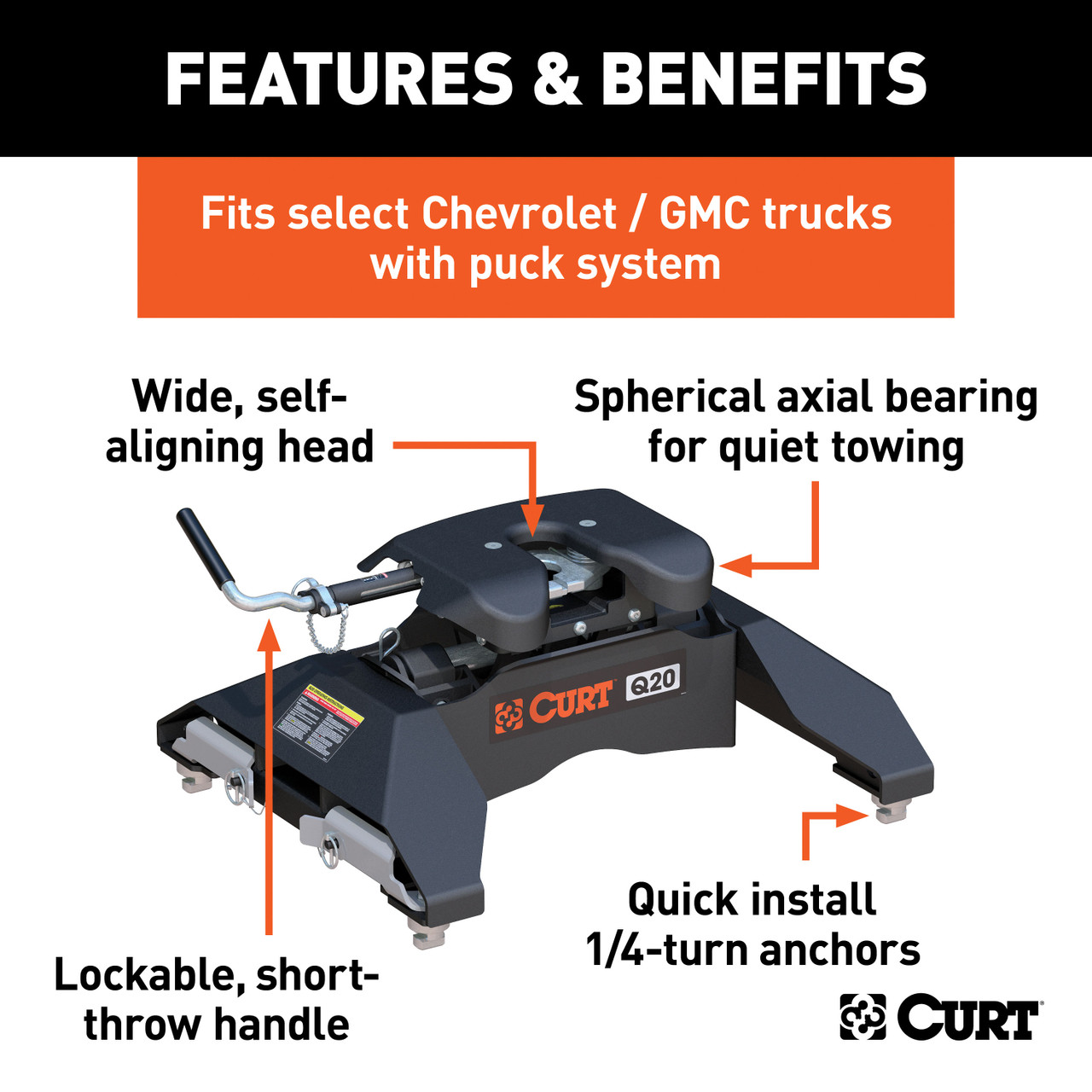 CURT 20K, Q20 5th Wheel Hitch, Select Silverado, Sierra 2500, 3500 HD, 8' Bed Puck System 