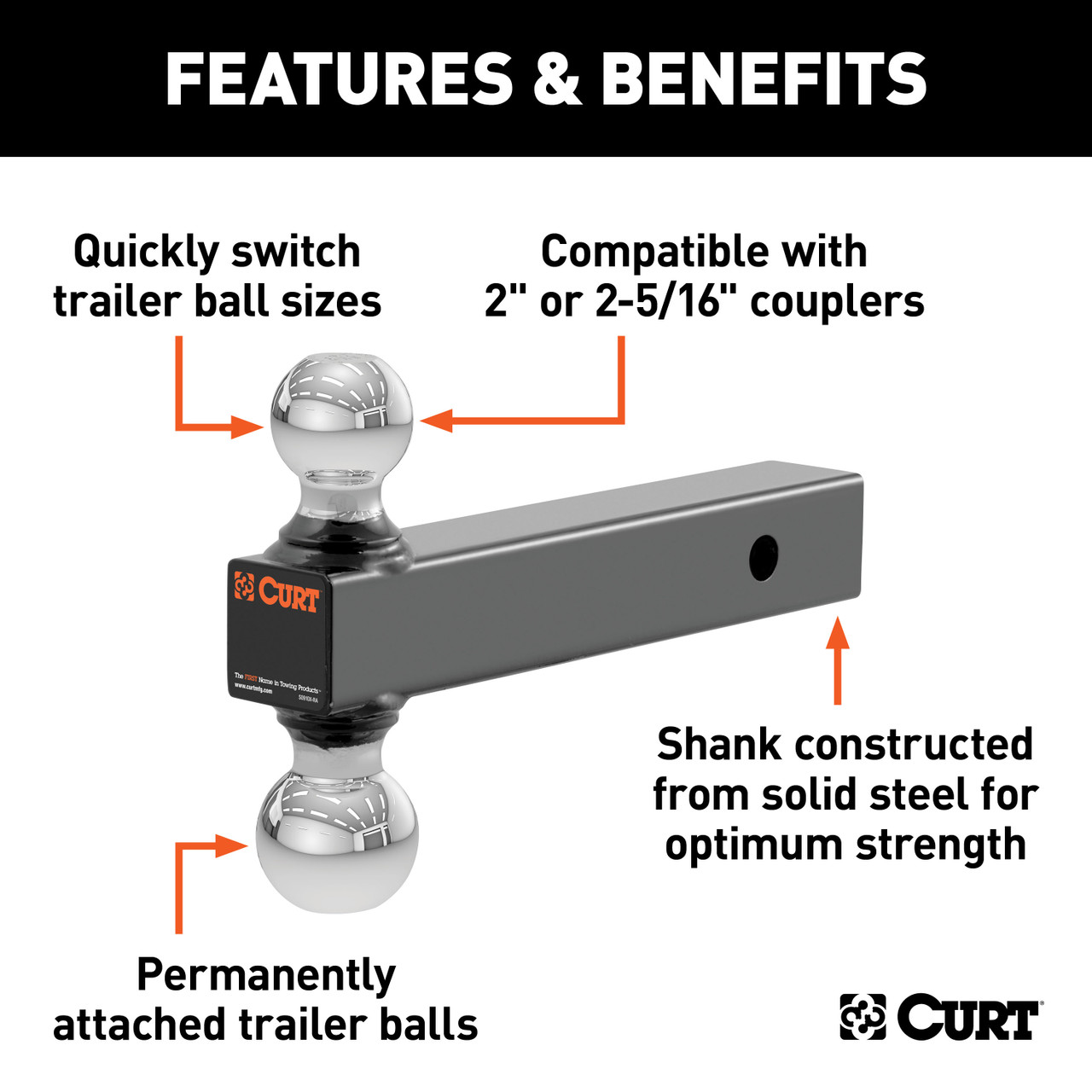 CURT Multi-Ball Mount (2" Solid Shank, 2" & 2-5/16" Chrome Balls) Trailer Hitch Ball Mount