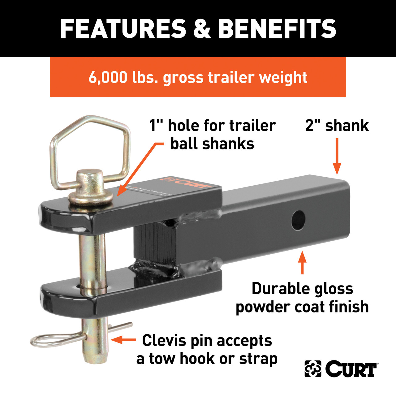 CURT Clevis Pin Ball Mount with 1" Diameter Pin (2" Shank, 6,000 lbss.) Trailer Hitch Ball Mount