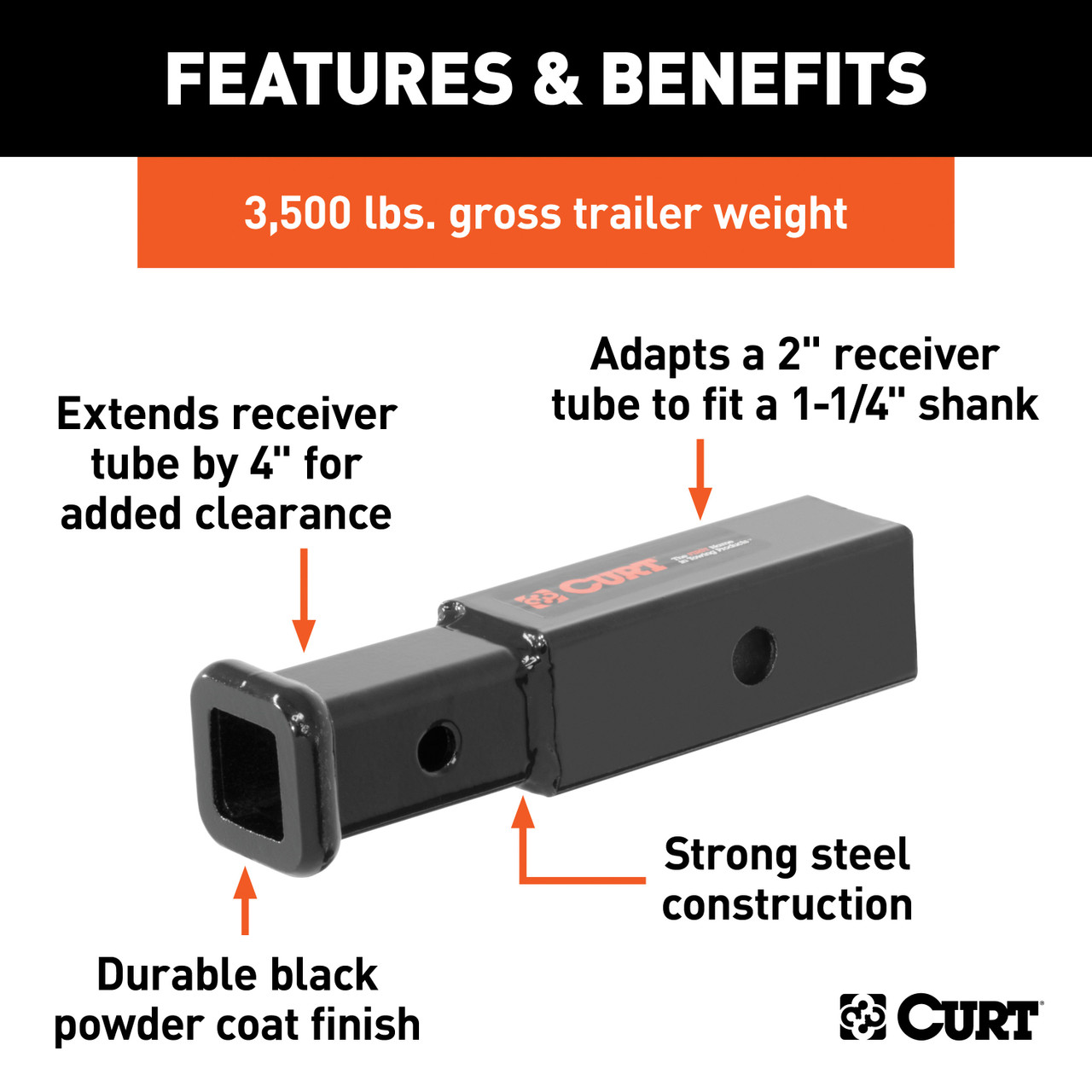 CURT Receiver Tube Adapter (2" to 1-1/4" Shank, 3,500 lbs. GTW, 4" Length) Trailer Hitch Receiver Tube Adapter