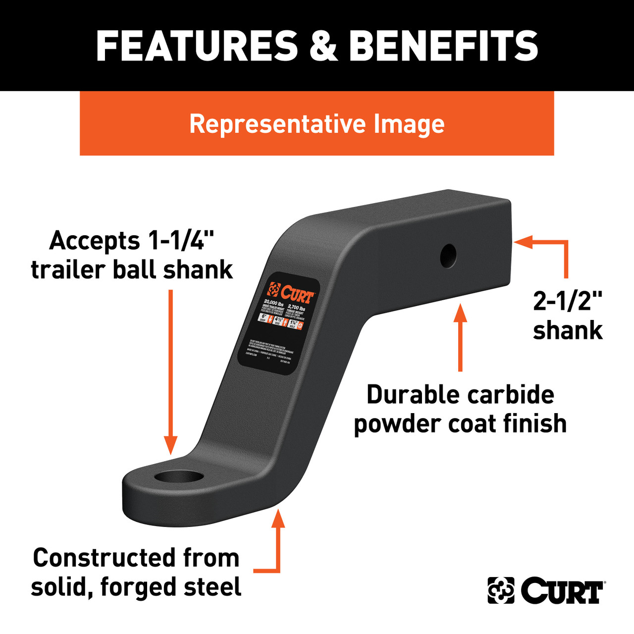 CURT Commercial Duty Forged Ball Mount (2-1/2" Shank, 20,000 lbss., 4" Drop) Trailer Hitch Ball Mount