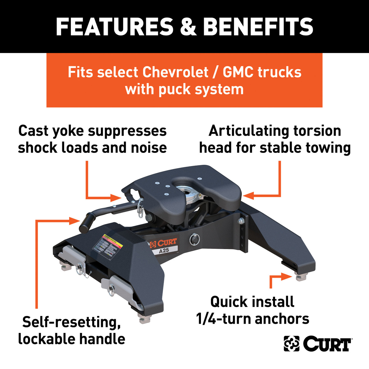 CURT 25K, A25 5th Wheel Hitch, Select Silverado, Sierra 2500, 3500 HD, 8' Bed Puck System