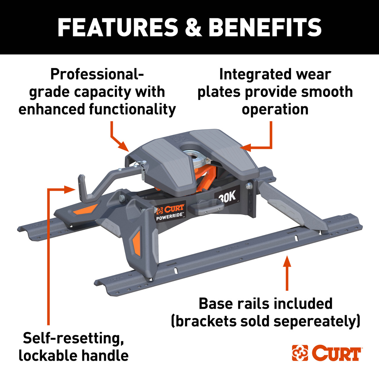CURT PowerRide 30K 5th Wheel Hitch with Rails