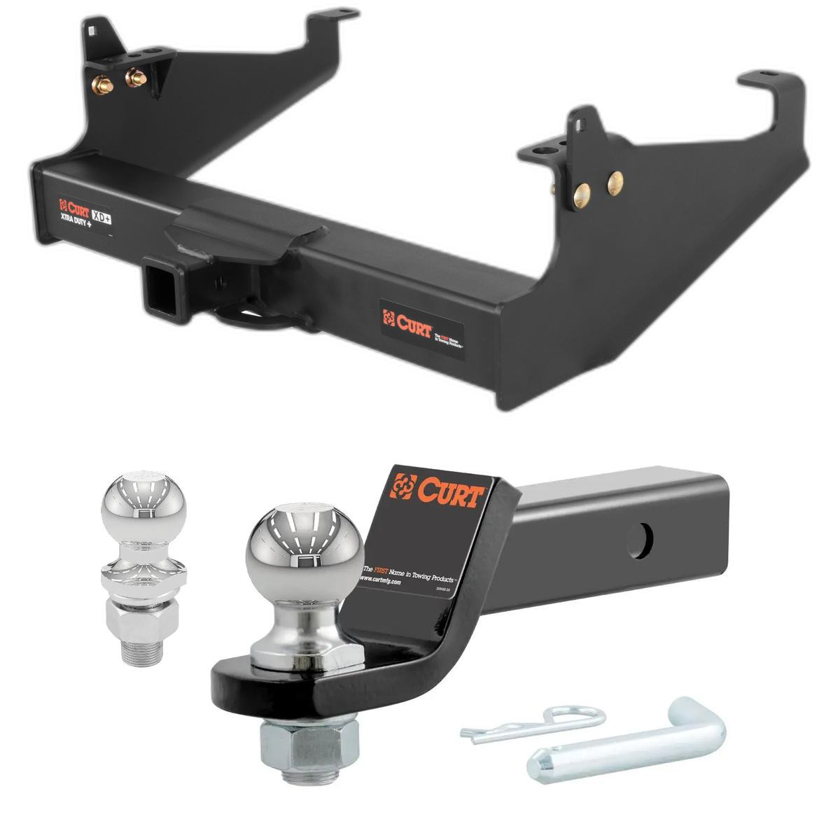 1999-2026 Ford F-550 Super Duty Cab & Chassis with 34 In. Frame Xtra Duty CURT Class 5 Trailer Hitch, 2" Receiver + 2" Ball + 1-7/8" Ball Kit
