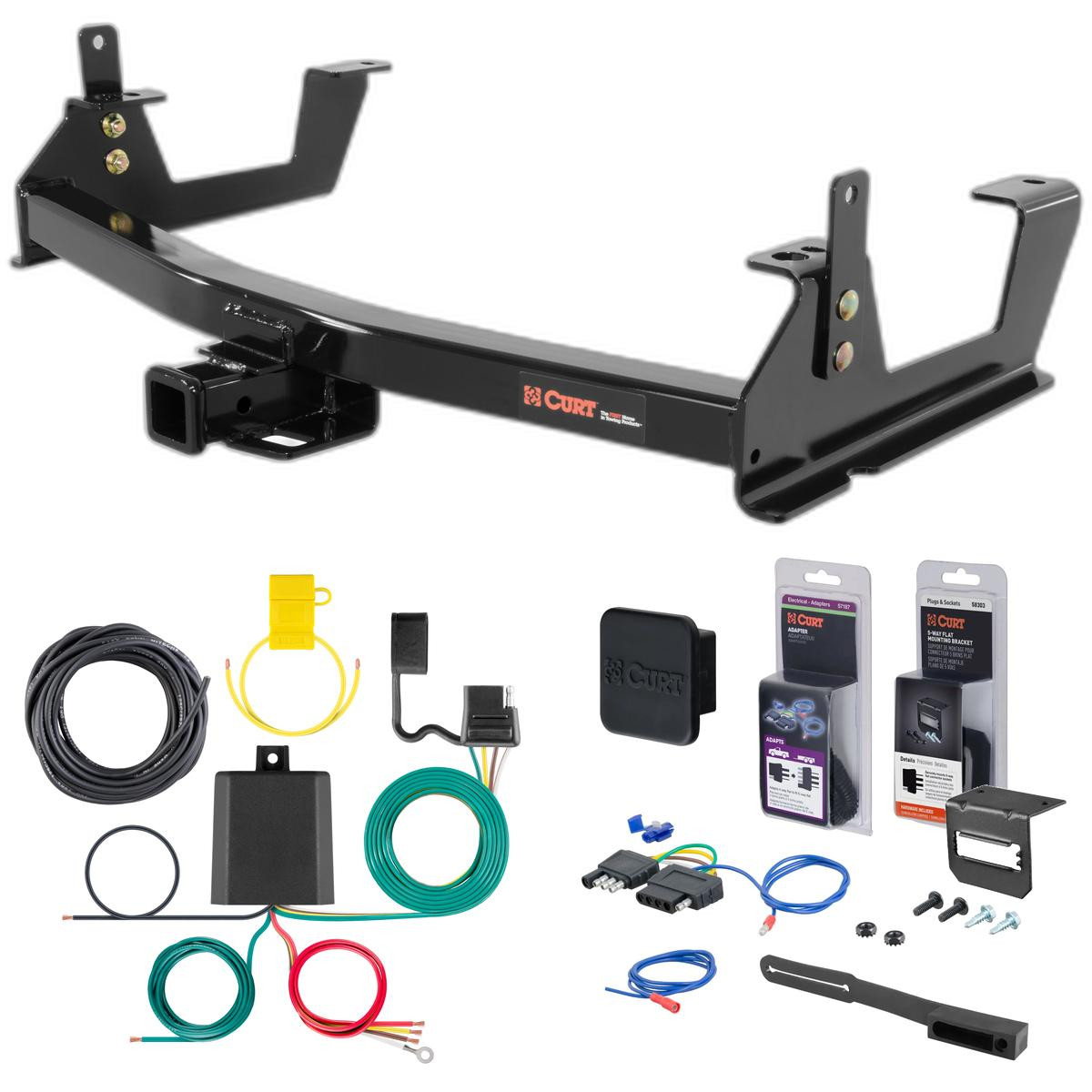 15 - 19 Chevrolet Silverado 2500 HD 8' bed, excluding factory receiver, Tommy Gate lift or cab & chassis Curt 2" Class 4 Trailer Tow Hitch + 5-Flat Wiring Kit Tow Boat/Utility Trailer with Surge Brakes 14010