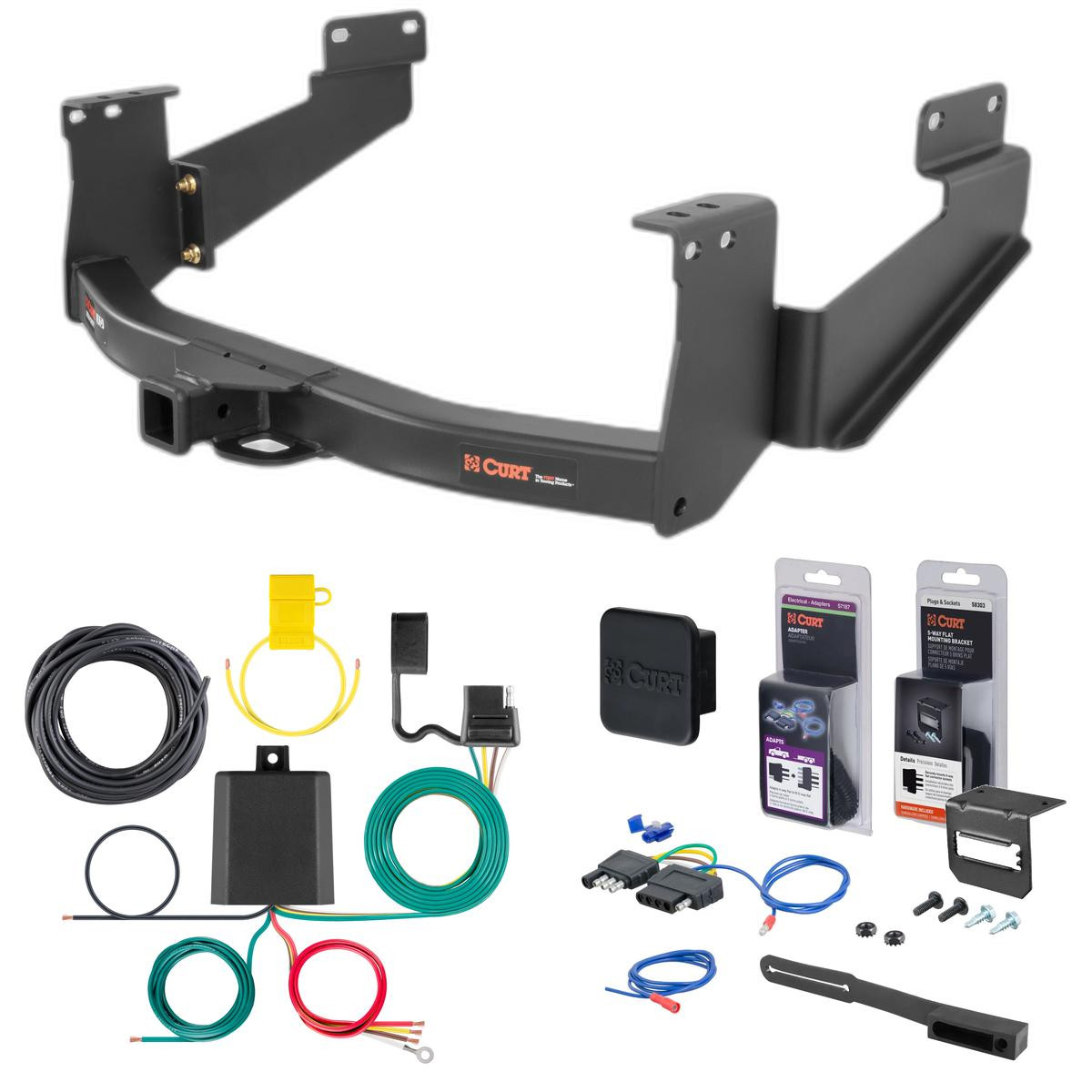 07 - 21 Toyota Tundra Excluding factory receiver Curt 2" Class 5 Trailer Tow Hitch + 5-Flat Wiring Kit Tow Boat/Utility Trailer with Surge Brakes 15398