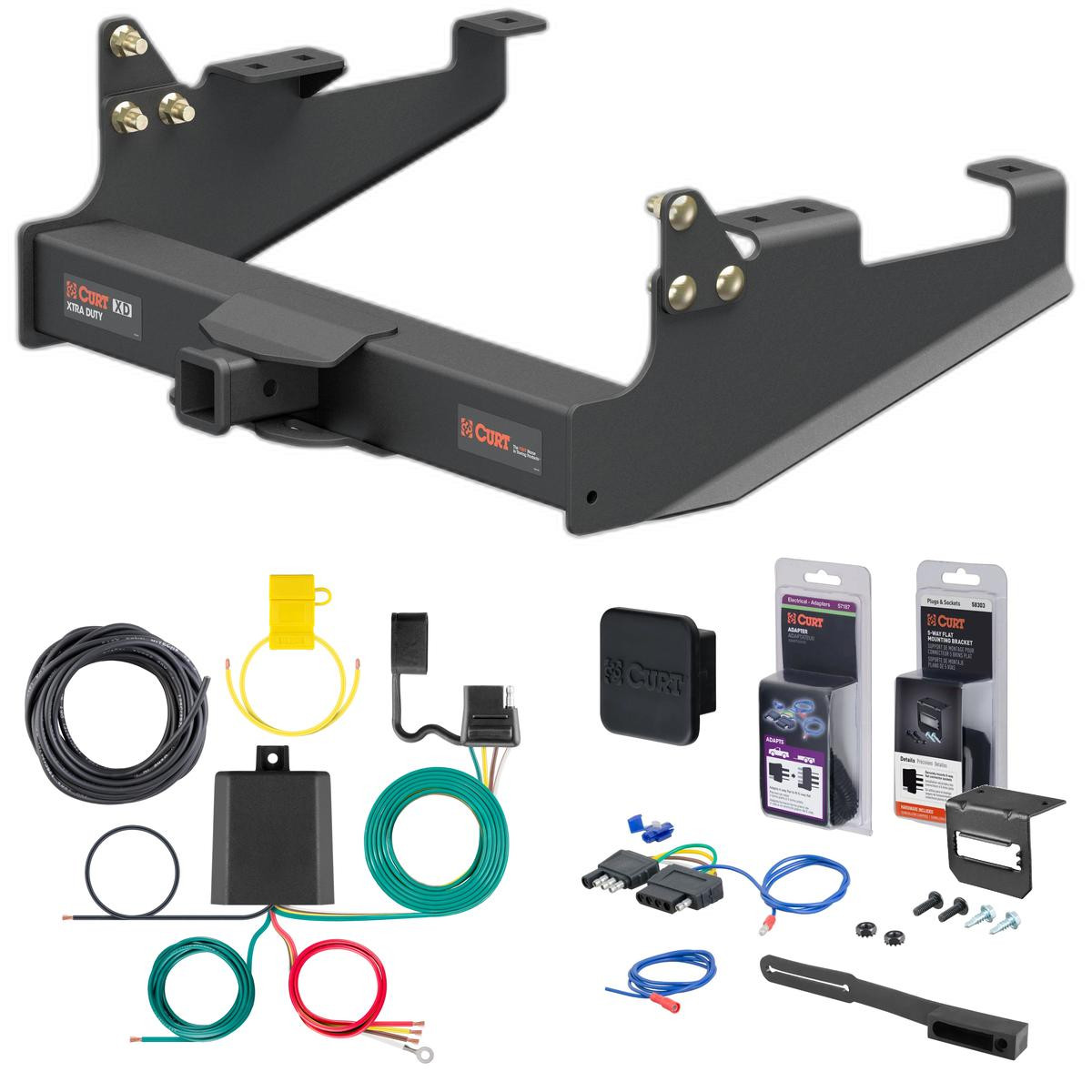 20 - 24 Ford F-350 Super Duty Cab & chassis with 34" frame width (O.D.) Curt 2" Class 5 Trailer Tow Hitch + 5-Flat Wiring Kit Tow Boat/Utility Trailer with Surge Brakes 15402