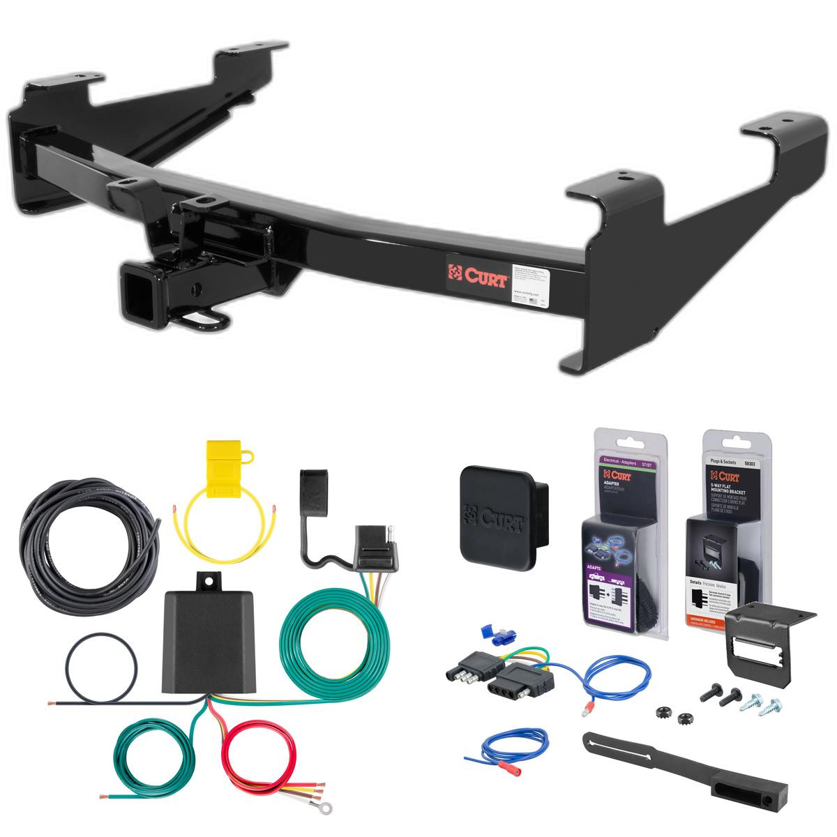 07 - 10 Chevrolet Silverado 3500 HD 8' bed, excluding factory receiver, Tommy Gate lift or cab & chassis Curt 2" Class 4 Trailer Tow Hitch + 5-Flat Wiring Kit Tow Boat/Utility Trailer with Surge Brakes 14211