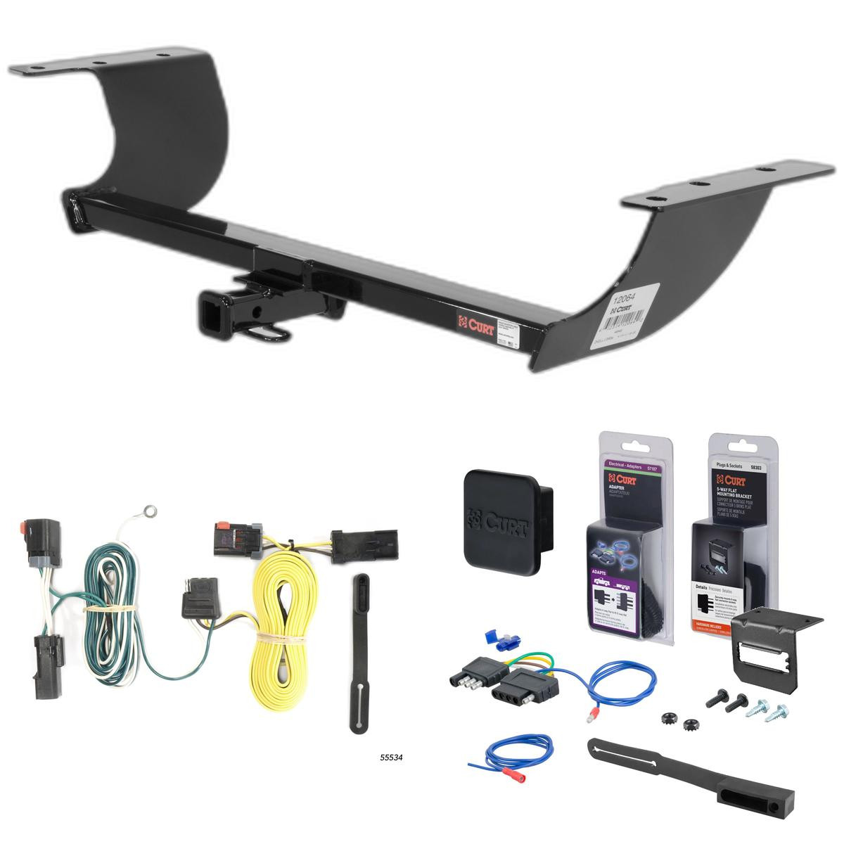 08 - 14 Dodge Challenger Curt 1-1/4" Class 2 Trailer Tow Hitch + 5-Flat Wiring Kit Tow Boat/Utility Trailer with Surge Brakes 12064