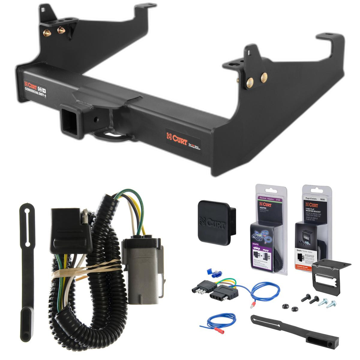 02 - 04 Ford F-350 Super Duty Cab & chassis with 34" frame width (O.D.) Curt 2-1/2" Class 5 Trailer Tow Hitch + 5-Flat Wiring Kit Tow Boat/Utility Trailer with Surge Brakes 15845