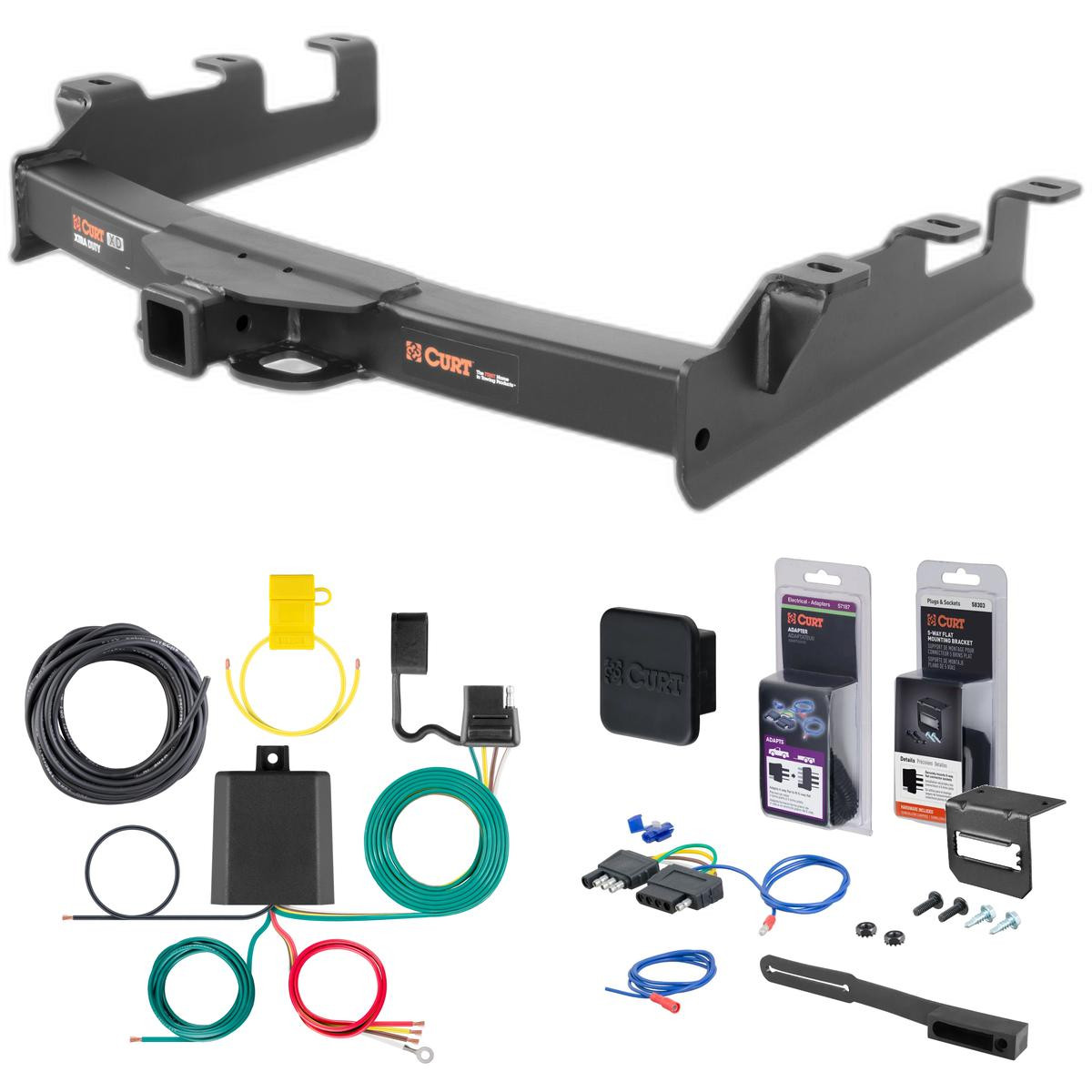 01 - 10 Chevrolet Silverado 2500 HD 6' bed, factory replacement hitch Curt 2" Class 5 Trailer Tow Hitch + 5-Flat Wiring Kit Tow Boat/Utility Trailer with Surge Brakes 15302