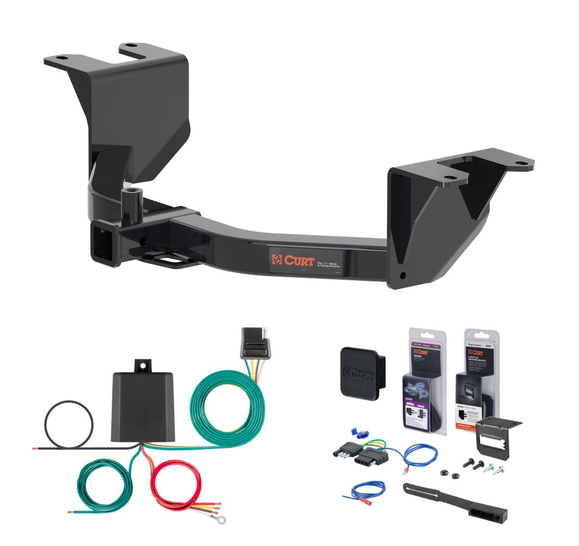 2019 - 2026 Chevrolet Silverado 1500 Excluding factory receiver Curt 2" Class 4 Trailer Tow Hitch + 5-Flat Wiring Kit Tow Boat/Utility Trailer with Surge Brakes 14019