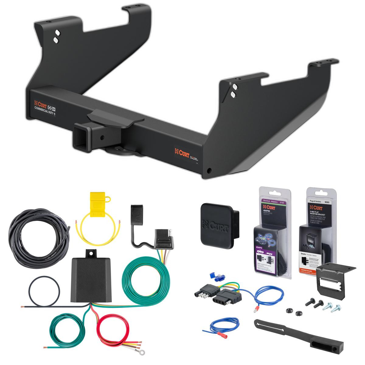 14 - 17 Ram 2500 8' bed, with or without factory receiver Curt 2-1/2" Class 5 Trailer Tow Hitch + 5-Flat Wiring Kit Tow Boat/Utility Trailer with Surge Brakes 15803