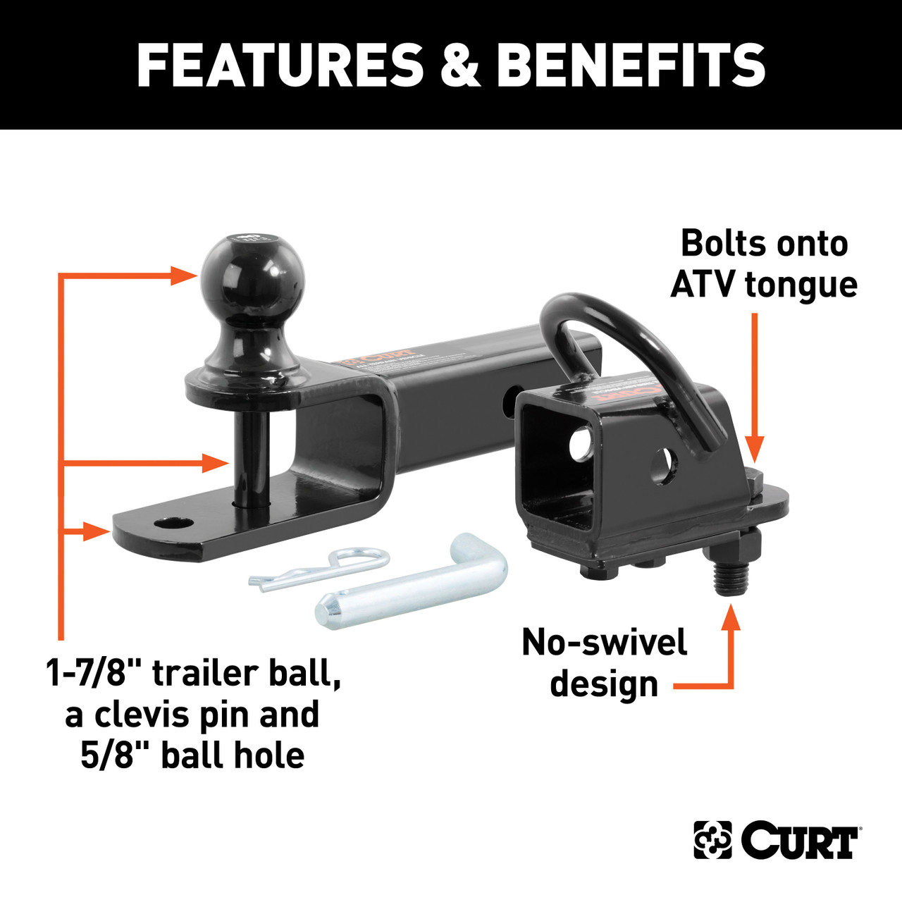 CURT ATV Towing Starter Kit with 2" Shank and 1-7/8" Trailer Ball Trailer Hitch Ball Mount