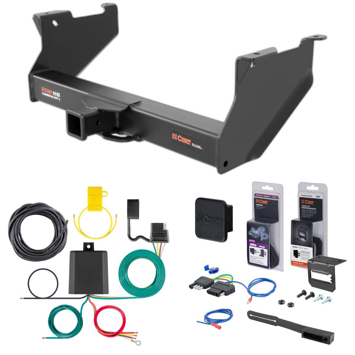 16 - 24 Ram 2500 6' bed, with or without factory receiver Curt 2-1/2" Class 5 Trailer Tow Hitch + 5-Flat Wiring Kit Tow Boat/Utility Trailer with Surge Brakes 15801