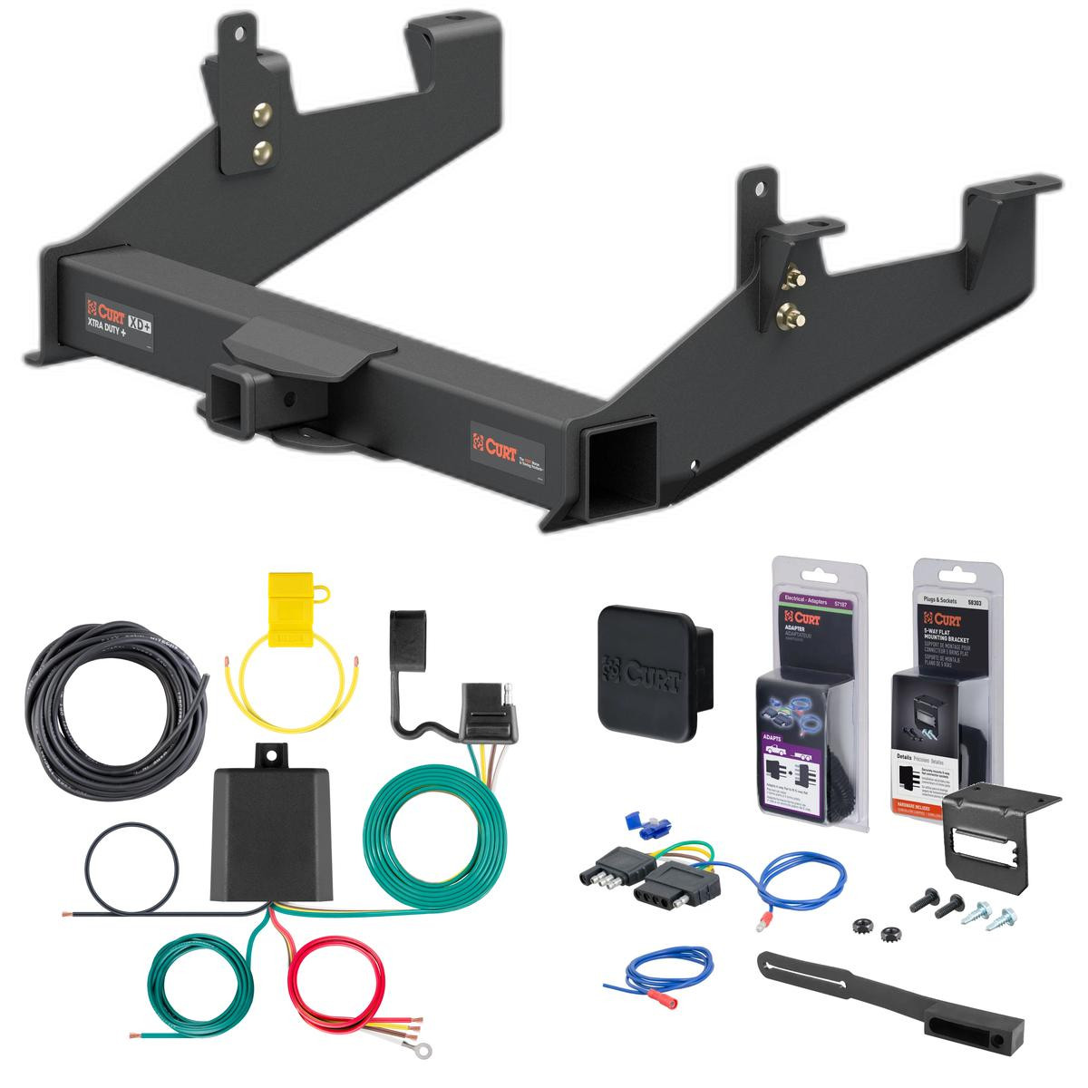 20 - 24 Chevrolet Silverado 2500 HD 8' bed, excluding factory receiver, Tommy Gate lift or cab & chassis Curt 2" Class 5 Trailer Tow Hitch + 5-Flat Wiring Kit Tow Boat/Utility Trailer with Surge Brakes 15007