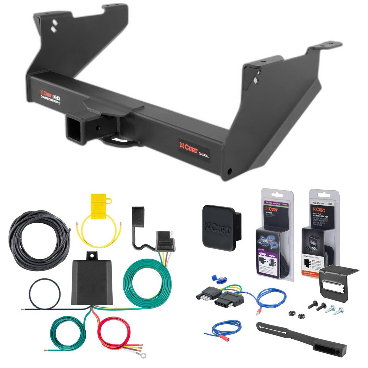 11 - 13 Ram 3500 8' bed, with or without factory receiver Curt 2-1/2" Class 5 Trailer Tow Hitch + 5-Flat Wiring Kit Tow Boat/Utility Trailer with Surge Brakes 15809
