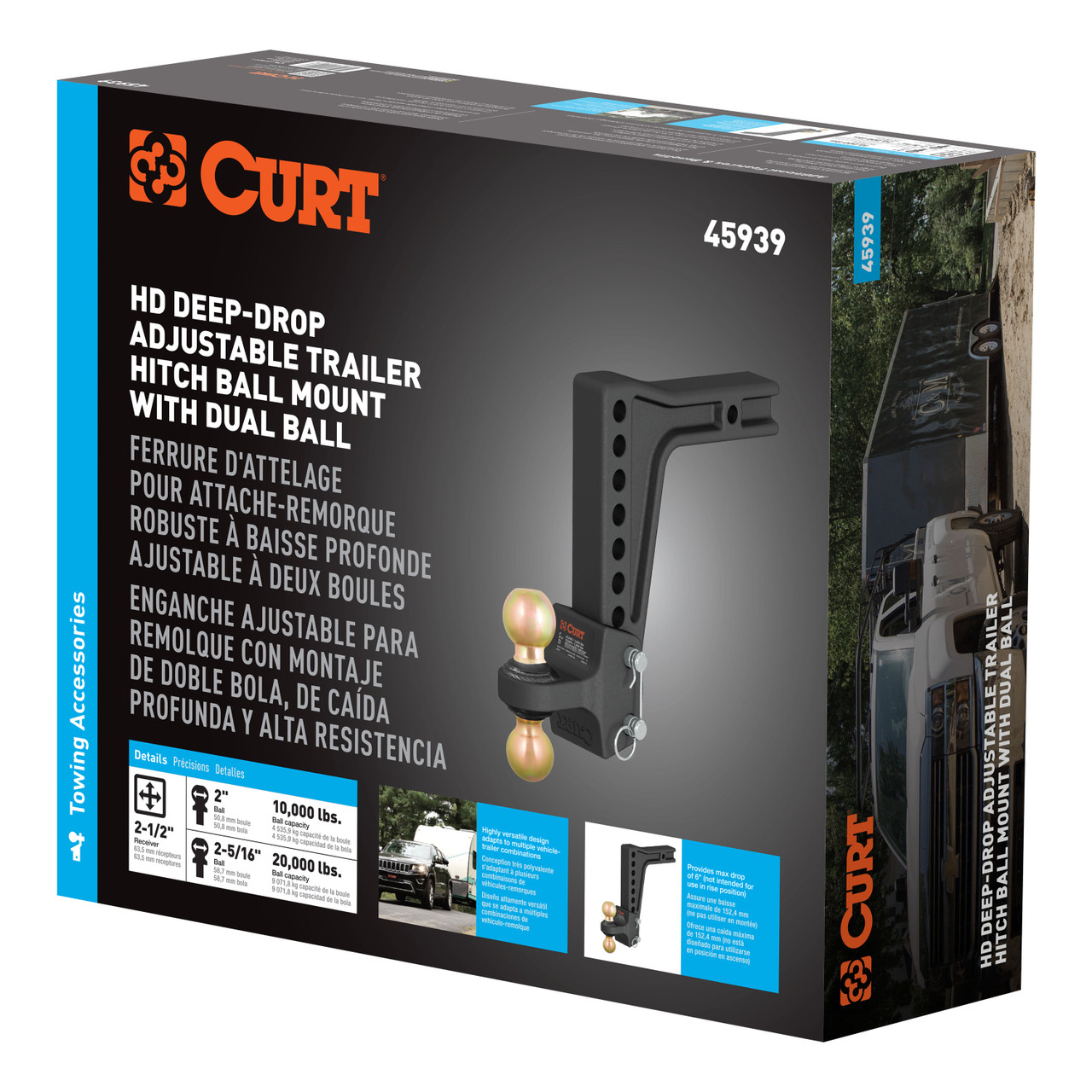 CURT HD Deep-Drop Adjustable Hitch Ball Mount with Dual Ball, 2-1/2" Shank, 20K Trailer Hitch Ball Mount