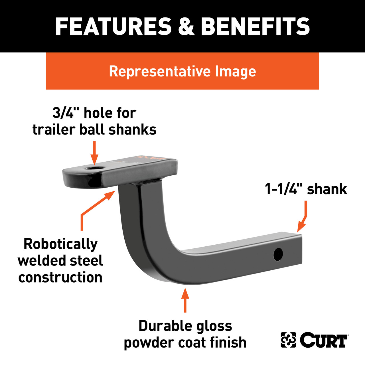 CURT Class 1 Ball Mount (1-1/4" Shank, 2,000 lbss., 3" Rise, 9-1/2" Long) Trailer Hitch Ball Mount