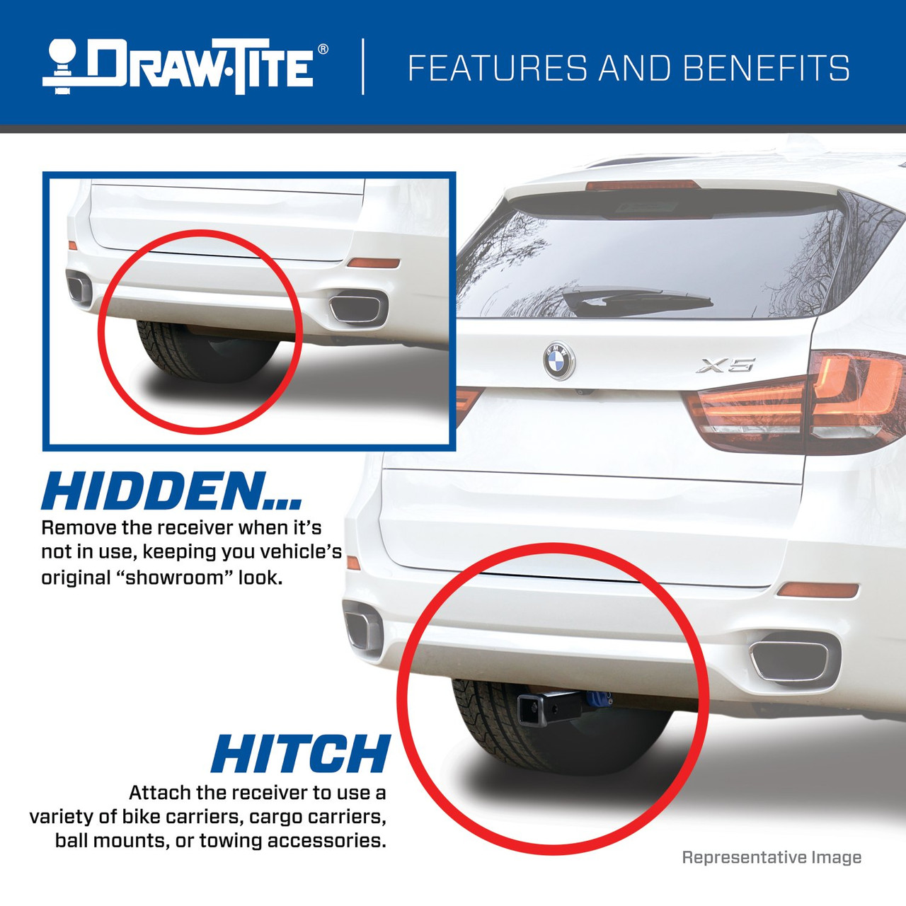2019-2024 Toyota RAV4 Draw-Tite Hidden Hitch Completely Hidden Trailer Hitch 2 Inch Removable Receiver Bundle w/ Plug-n-Play T-One Wiring Harness
