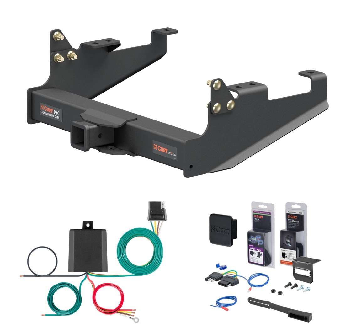 2020 - 2026 Ford F-350 Super Duty Cab & chassis with 34" frame width (O.D.) Curt 2-1/2" Class 5 Trailer Tow Hitch + 5-Flat Wiring Kit Tow Boat/Utility Trailer with Surge Brakes 15804
