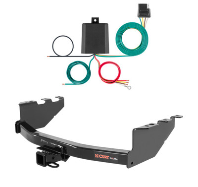 2014 - 2018 GMC Sierra 1500 Excluding roll pan bumper, Tommy Gate lift or 10" drop bumper Curt 2", Class 3 Trailer Tow Hitch + 4-flat Wiring Kit 13175
