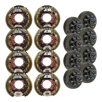 Lippert 16,000 lb RV Brake Kit – 8 Threaded Brake Hubs (8 on 275 mm, 17-1/2" Wheels, M22 Studs, Oil) with 4 Left & 4 Right Forward Self-Adjusting Brakes (12-1/4" x 5")
