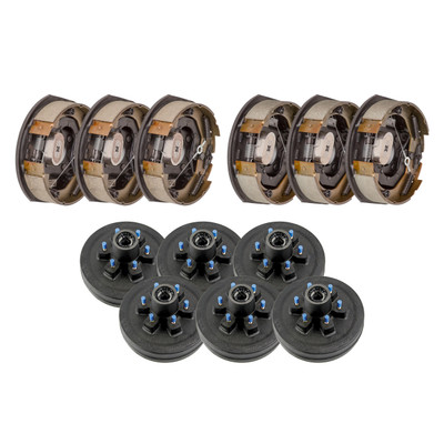 Lippert 10" 4,400 lb RV Brake Kit  6 Brake Drum Hubs (6 on 5.5", 1/2" Stud) with 3 Left & 3 Right Forward Self-Adjusting Brakes (10" x 2-1/4", 4-Bolt) LIPKIT21646