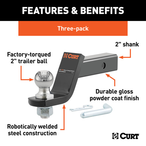 CURT 45057 Trailer Hitch Mounts with 2-Inch Ball & Pin, Fits 2-In Receiver, 7,500 lbss, 4-Inch Drop, 3-Pack