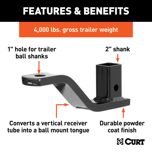 CURT 45003 Vertical Trailer Hitch Ball Mount, Fits 2-Inch Receiver, 4,000 lbss, 1-Inch Hole, 2-1/4-Inch Drop