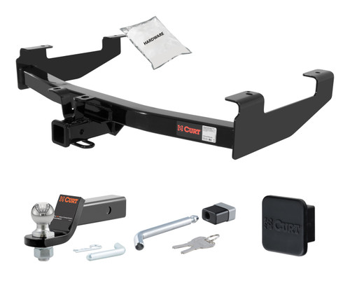 01 - 06 Chevrolet Silverado 3500 8' bed, excluding factory receiver, Tommy Gate lift, 10" drop bumper and cab & chassis 2in. CURT Trailer Hitch + Ball Mount + Cover + Lock Kit HWA523