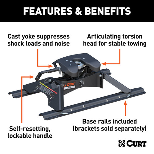 CURT 30K, A30 5th Wheel Hitch with Base Rails, 30,000 lbs 16191