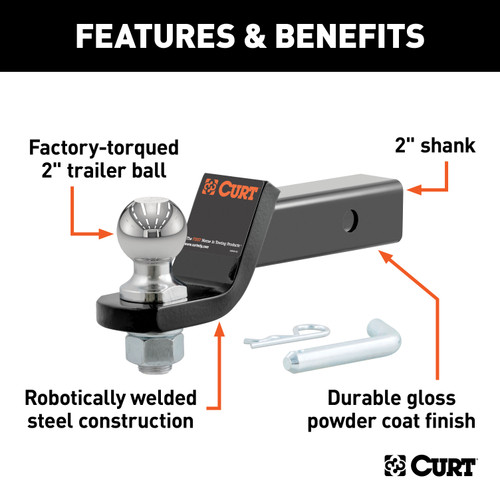CURT Loaded Ball Mount with 2" Ball (2" Shank, 7,500 lbss., 2" Drop) Trailer Hitch Ball Mount