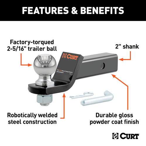 CURT Loaded Ball Mount with 2-5/16" Ball (2" Shank, 7,500 lbss., 2" Drop) Trailer Hitch Ball Mount