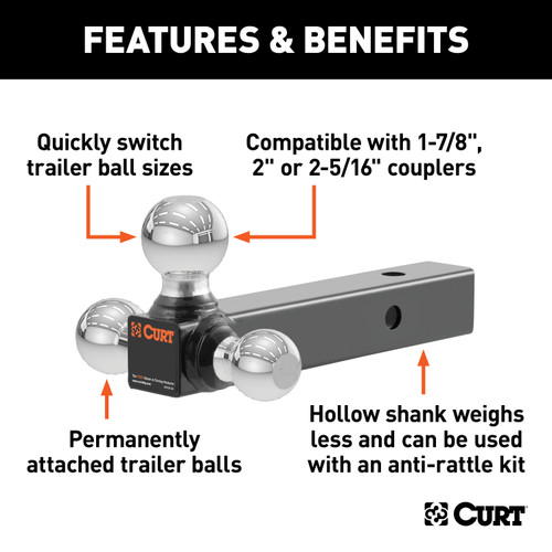CURT Multi-Ball Mount (2" Hollow Shank, 1-7/8", 2" & 2-5/16" Chrome Balls) Trailer Hitch Ball Mount