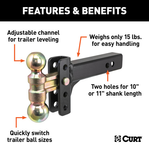 CURT Slim Adjustable Channel Mount with Dual Ball (2" Shank, 10K, 3-3/4" Drop) Trailer Hitch Ball Mount